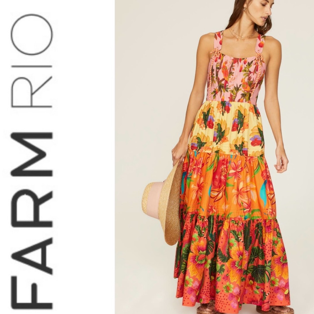 FARM Rio Tropical Floral Tiered Maxi Dress in Pink, Yellow, Orange, Green